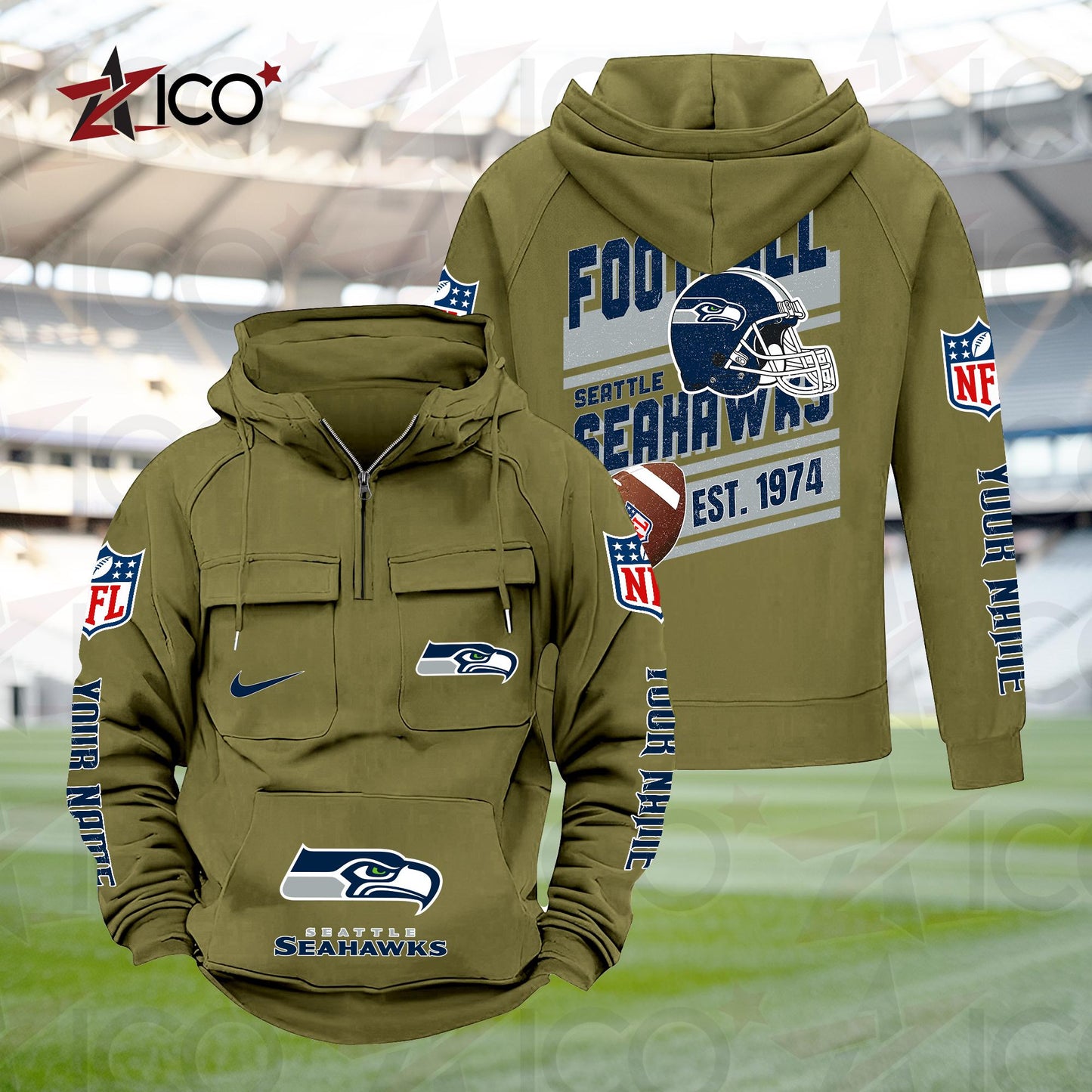 Seattle Seahawks Personalized Multi-Pockets Zip Hoodie New 2025 AZTGMZHD000249