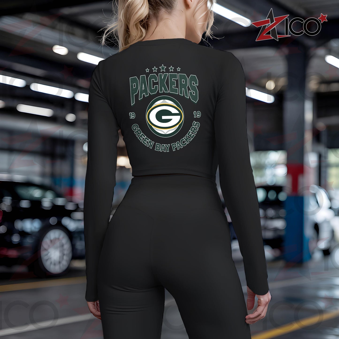 Green Bay Packers Women Workout Set Zipper Long Sleeve Sport Top and Leggings AZTN2DWS000007
