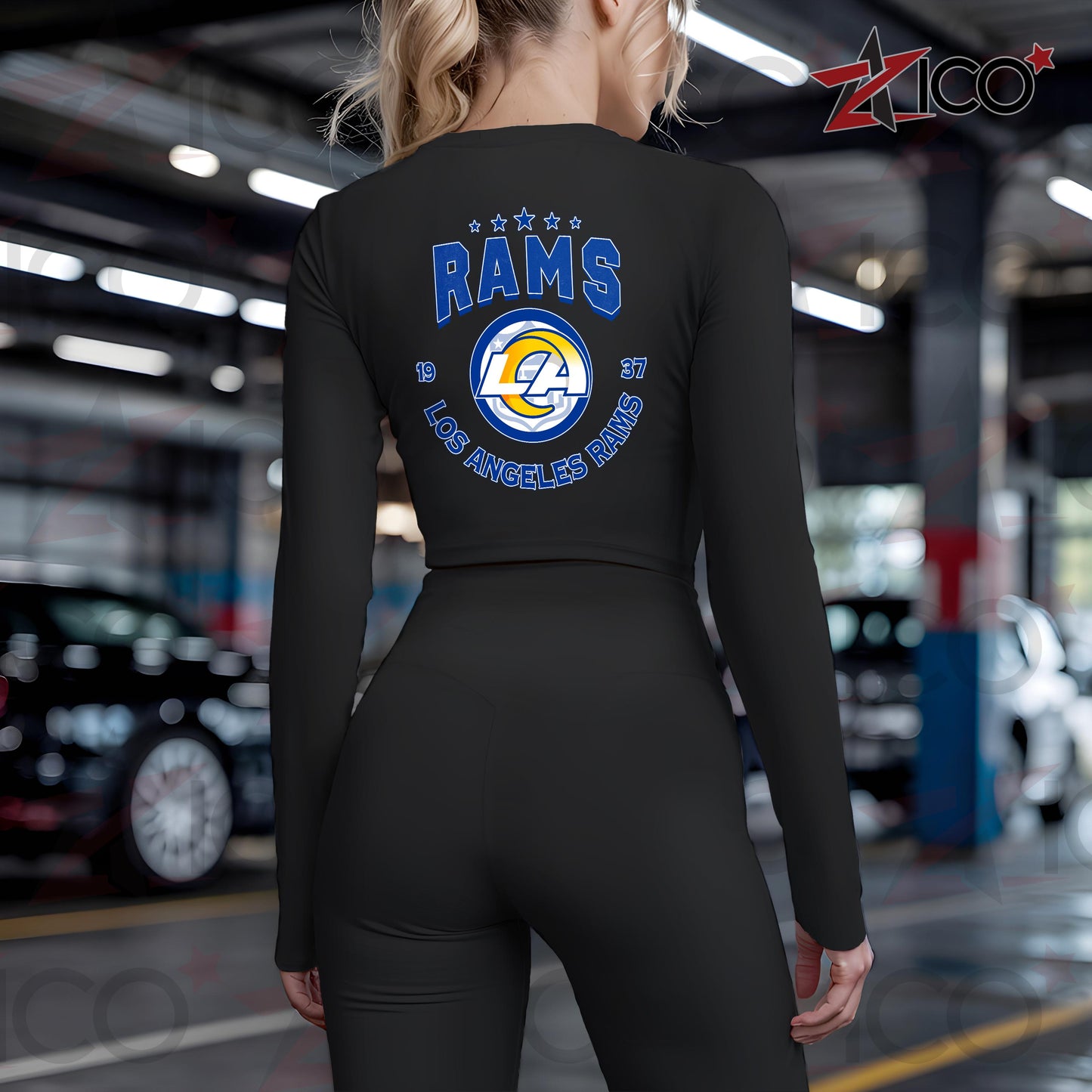 Los Angeles Rams Women Workout Set Zipper Long Sleeve Sport Top and Leggings AZTN2DWS000008