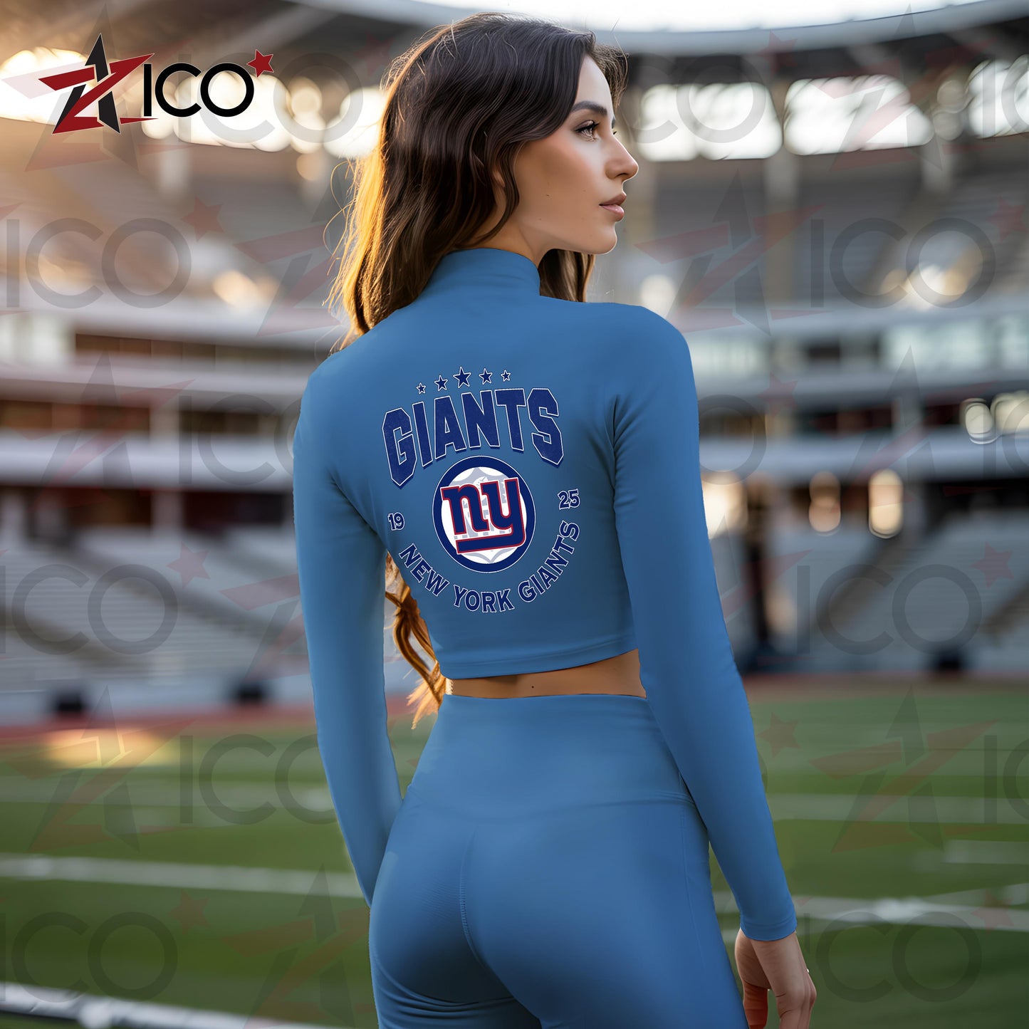 New York Giants Women Workout Set Zipper Long Sleeve Sport Top and Leggings AZTN2DWS000011