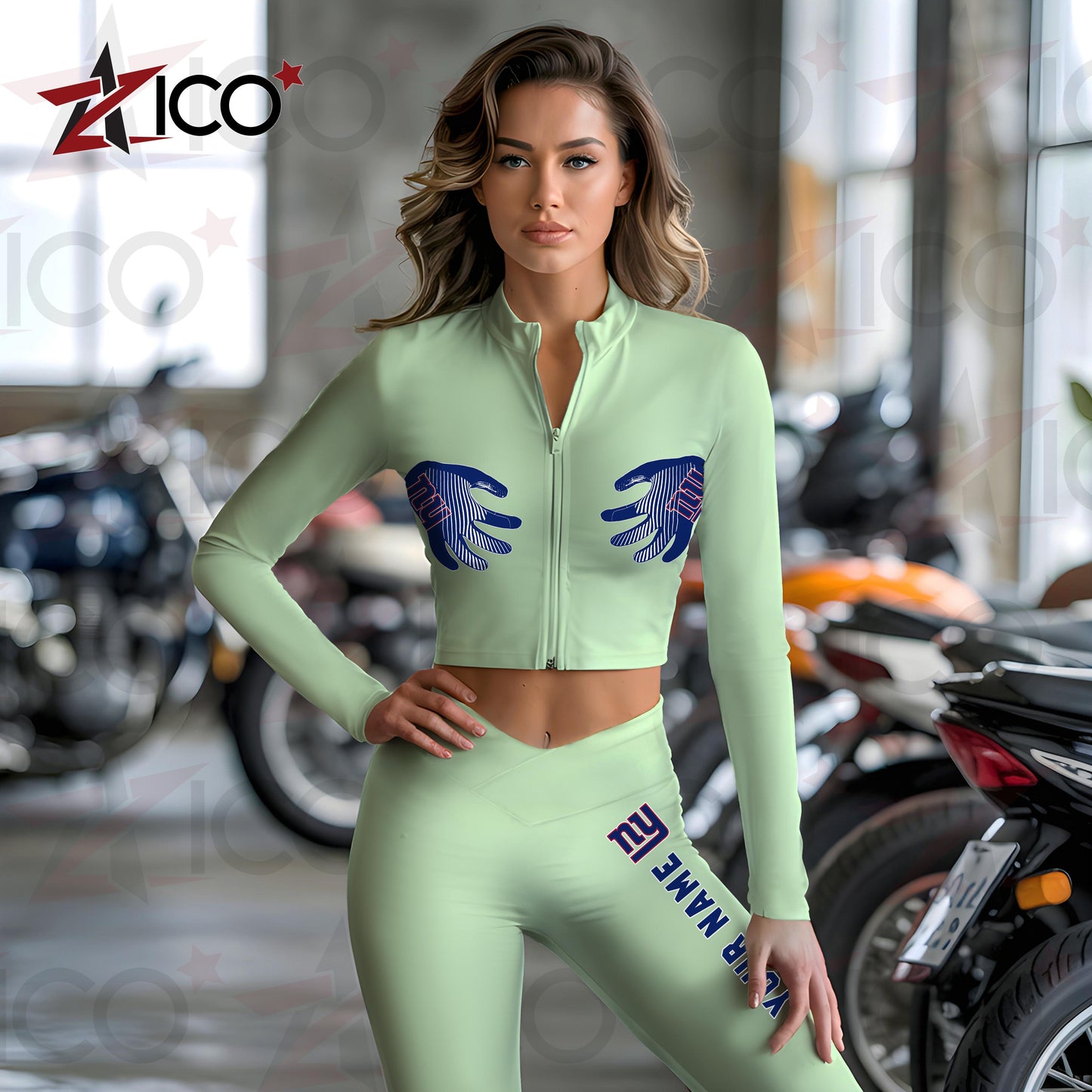 New York Giants Women Workout Set Zipper Long Sleeve Sport Top and Leggings AZTN2DWS000011