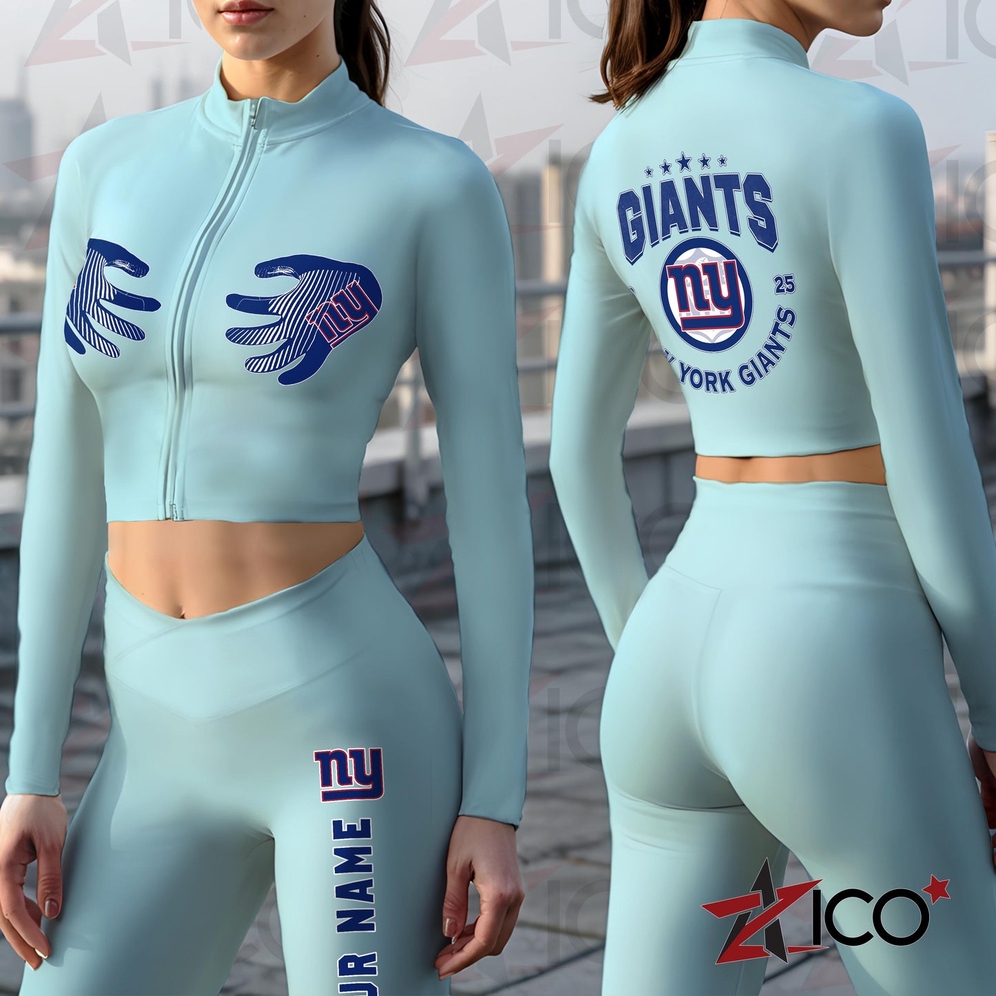 New York Giants Women Workout Set Zipper Long Sleeve Sport Top and Leggings AZTN2DWS000011