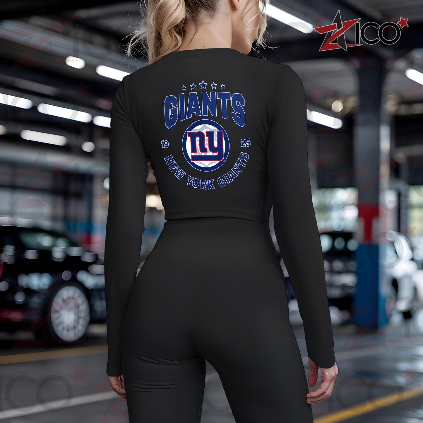 New York Giants Women Workout Set Zipper Long Sleeve Sport Top and Leggings AZTN2DWS000011
