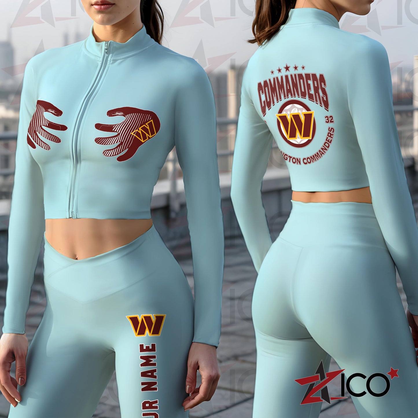 Washington Commanders Women Workout Set Zipper Long Sleeve Sport Top and Leggings AZTN2DWS000016