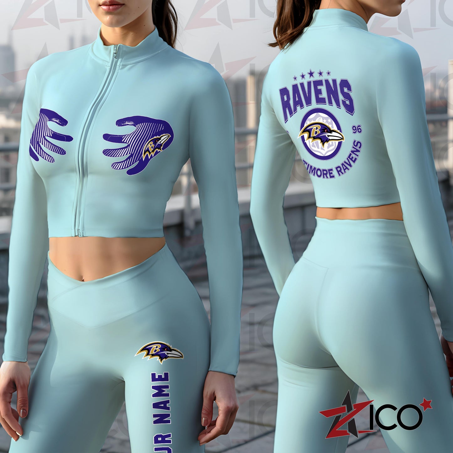 Baltimore Ravens Women Workout Set Zipper Long Sleeve Sport Top and Leggings AZTN2DWS000017