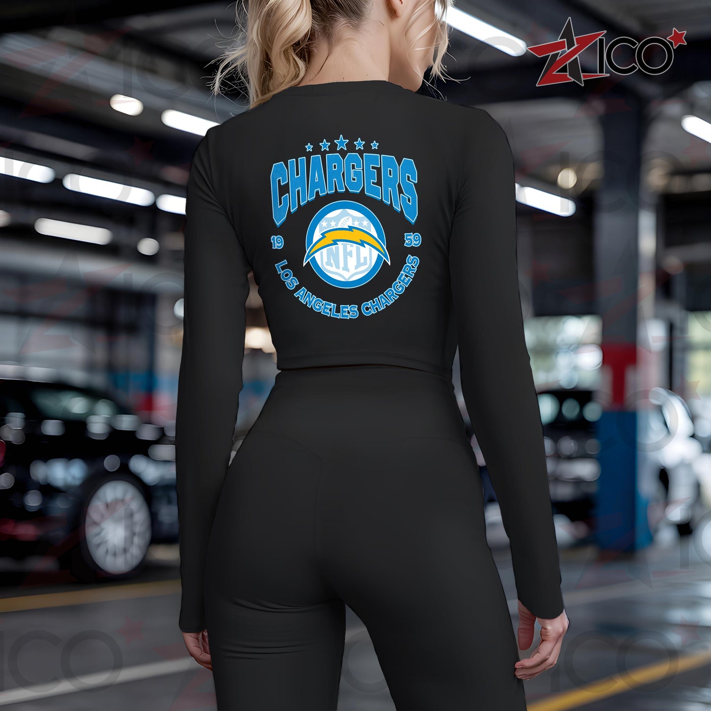 Los Angeles Chargers Women Workout Set Zipper Long Sleeve Sport Top and Leggings AZTN2DWS000027