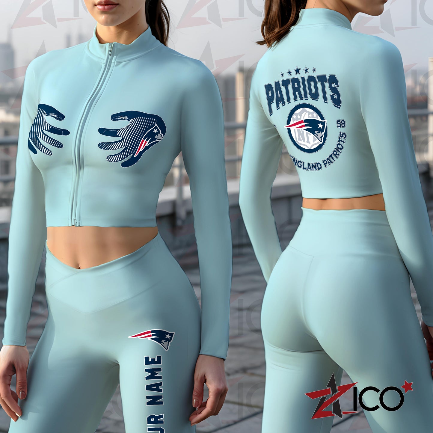 New England Patriots Women Workout Set Zipper Long Sleeve Sport Top and Leggings AZTN2DWS000029