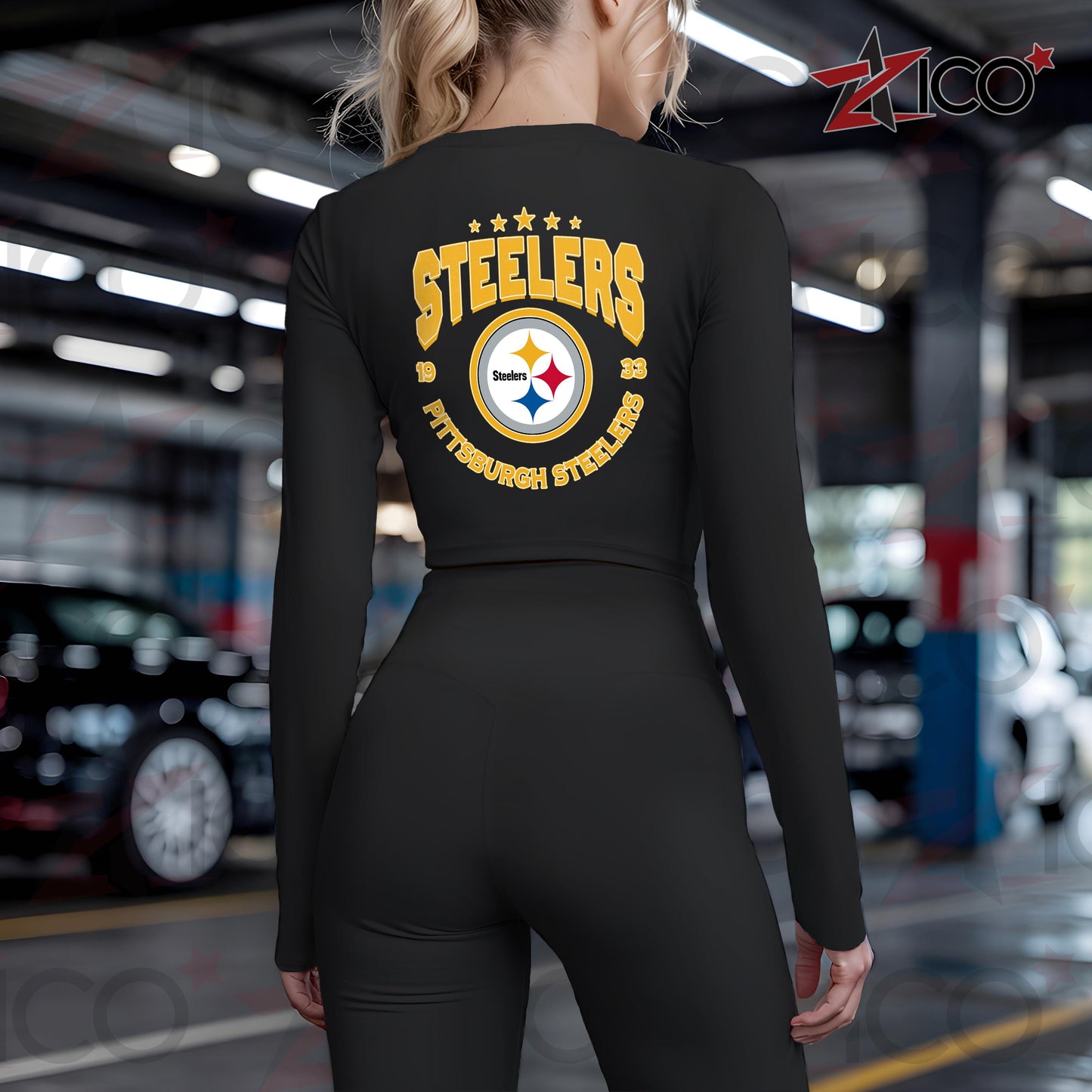 Pittsburgh Steelers Women Workout Set Zipper Long Sleeve Sport Top and Leggings AZTN2DWS000031