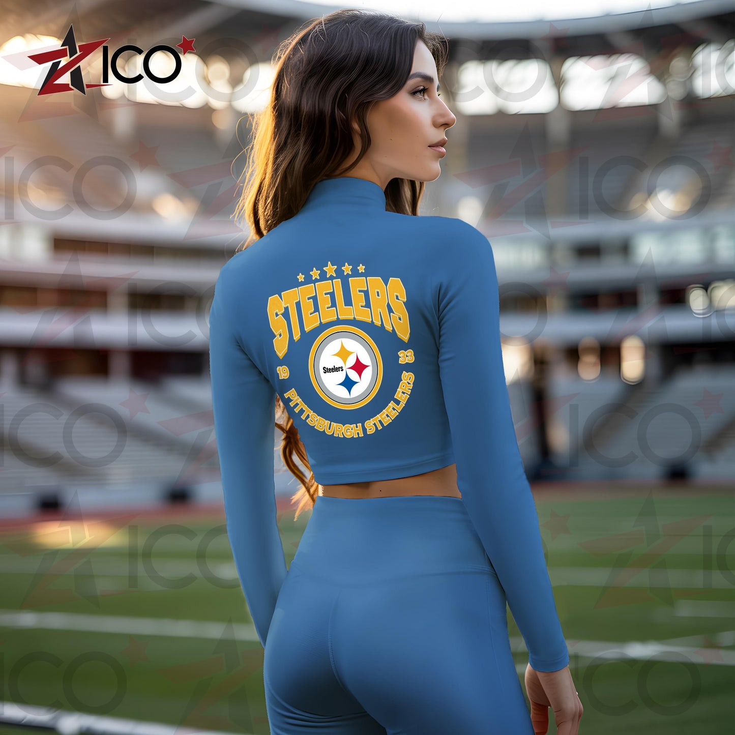 Pittsburgh Steelers Women Workout Set Zipper Long Sleeve Sport Top and Leggings AZTN2DWS000031