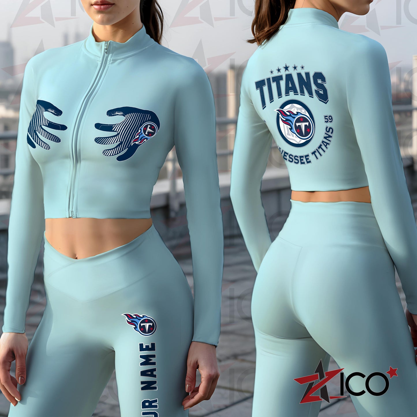 Tennessee Titans Women Workout Set Zipper Long Sleeve Sport Top and Leggings AZTN2DWS000032