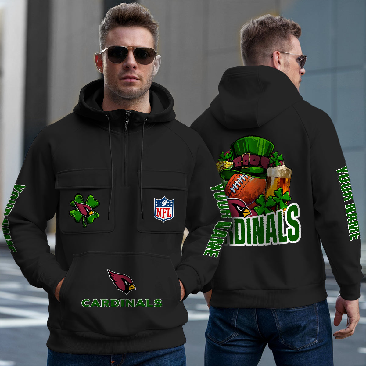 Arizona Cardinals St Patrick’s Day Collection Multi-Pockets Zip Hoodie AZTNMZHD000097