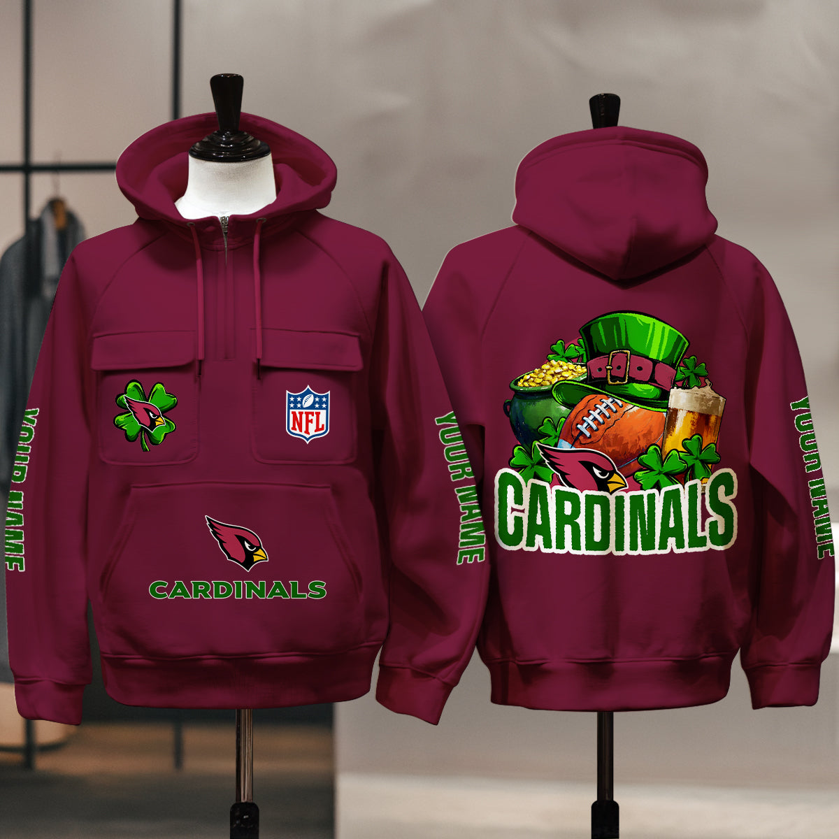 Arizona Cardinals St Patrick’s Day Collection Multi-Pockets Zip Hoodie AZTNMZHD000097