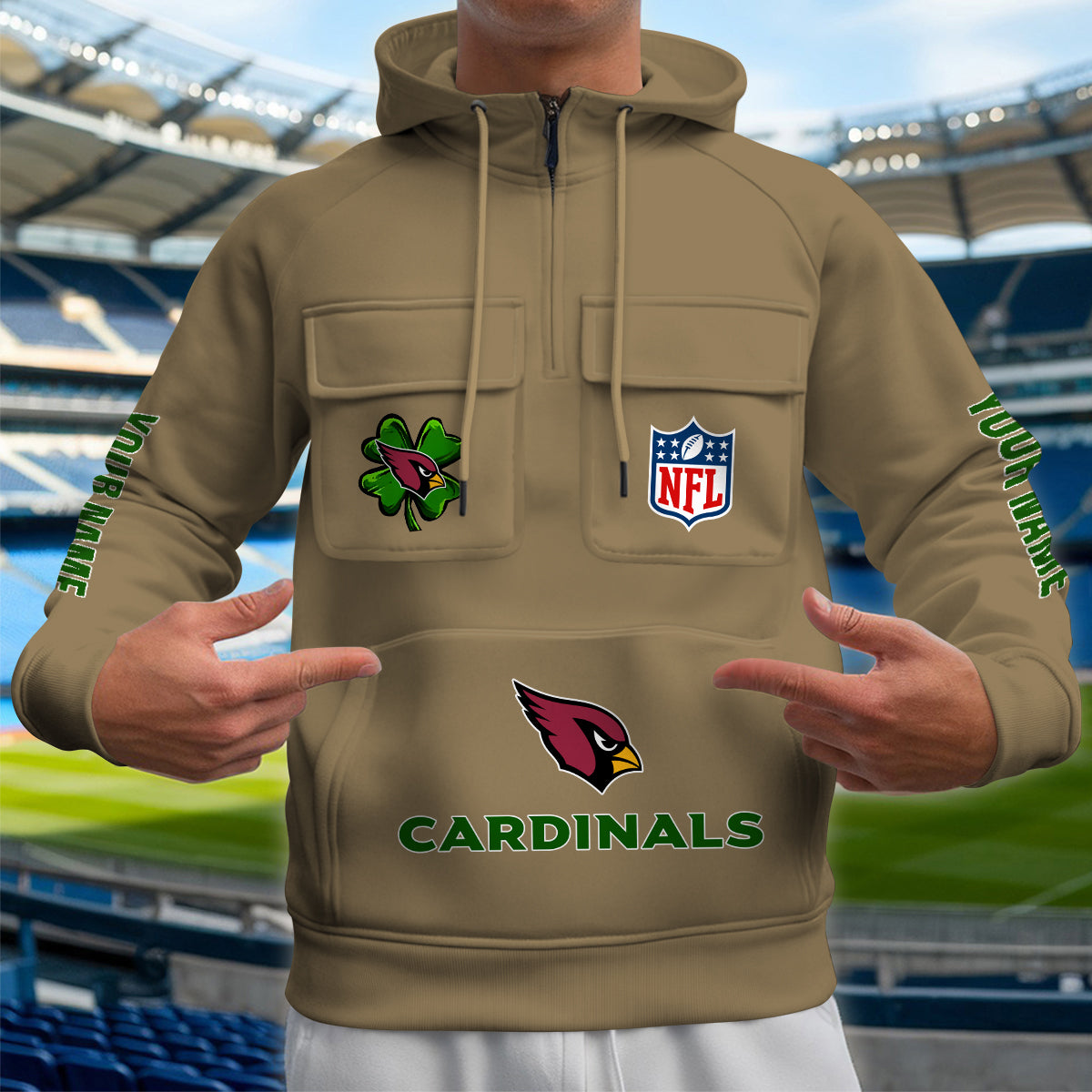 Arizona Cardinals St Patrick’s Day Collection Multi-Pockets Zip Hoodie AZTNMZHD000097