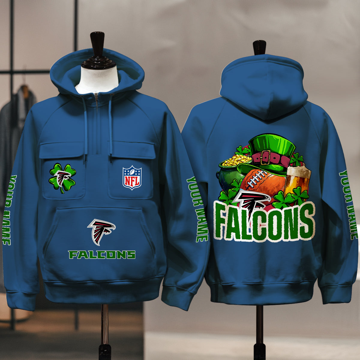 Atlanta Falcons St Patrick’s Day Collection Multi-Pockets Zip Hoodie AZTNMZHD000098