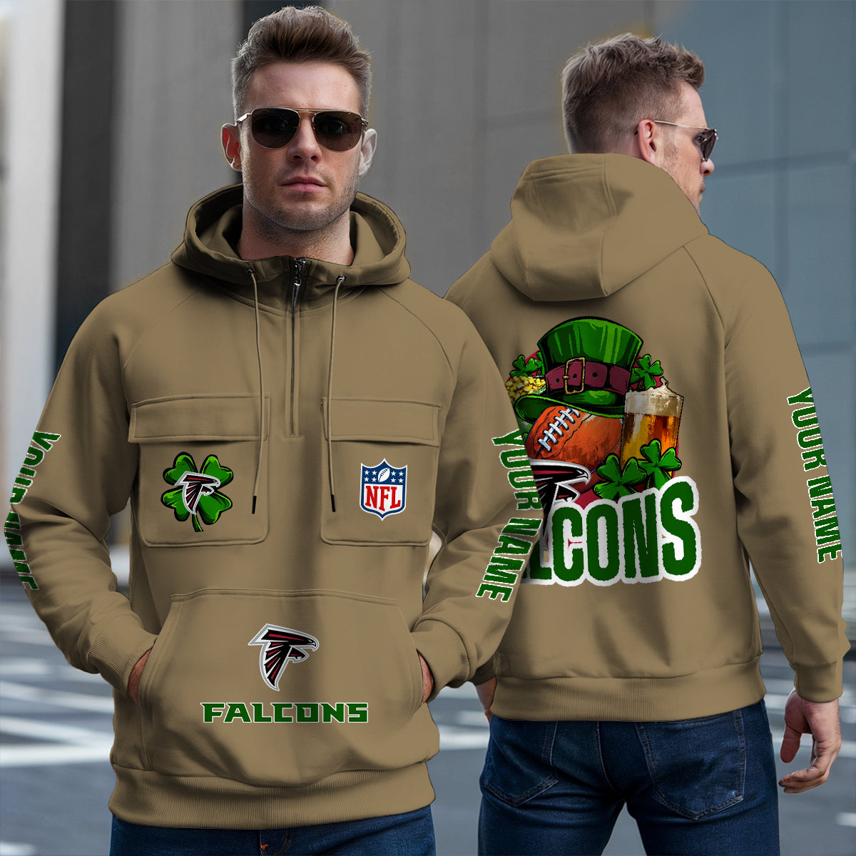 Atlanta Falcons St Patrick’s Day Collection Multi-Pockets Zip Hoodie AZTNMZHD000098