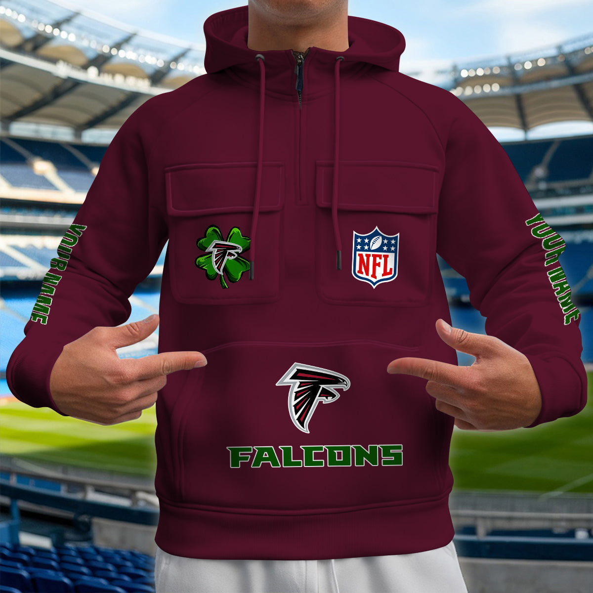 Atlanta Falcons St Patrick’s Day Collection Multi-Pockets Zip Hoodie AZTNMZHD000098