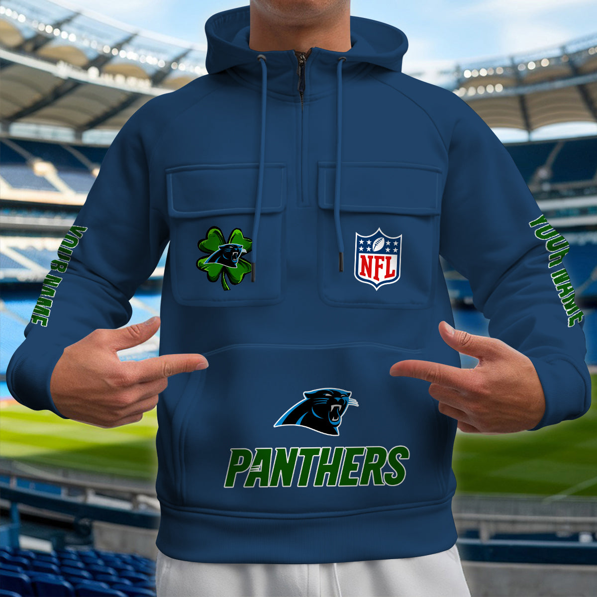Carolina Panthers St Patrick’s Day Collection Multi-Pockets Zip Hoodie AZTNMZHD000099