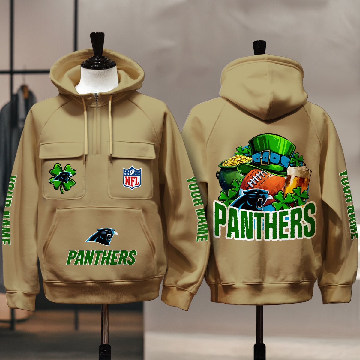 Carolina Panthers St Patrick’s Day Collection Multi-Pockets Zip Hoodie AZTNMZHD000099