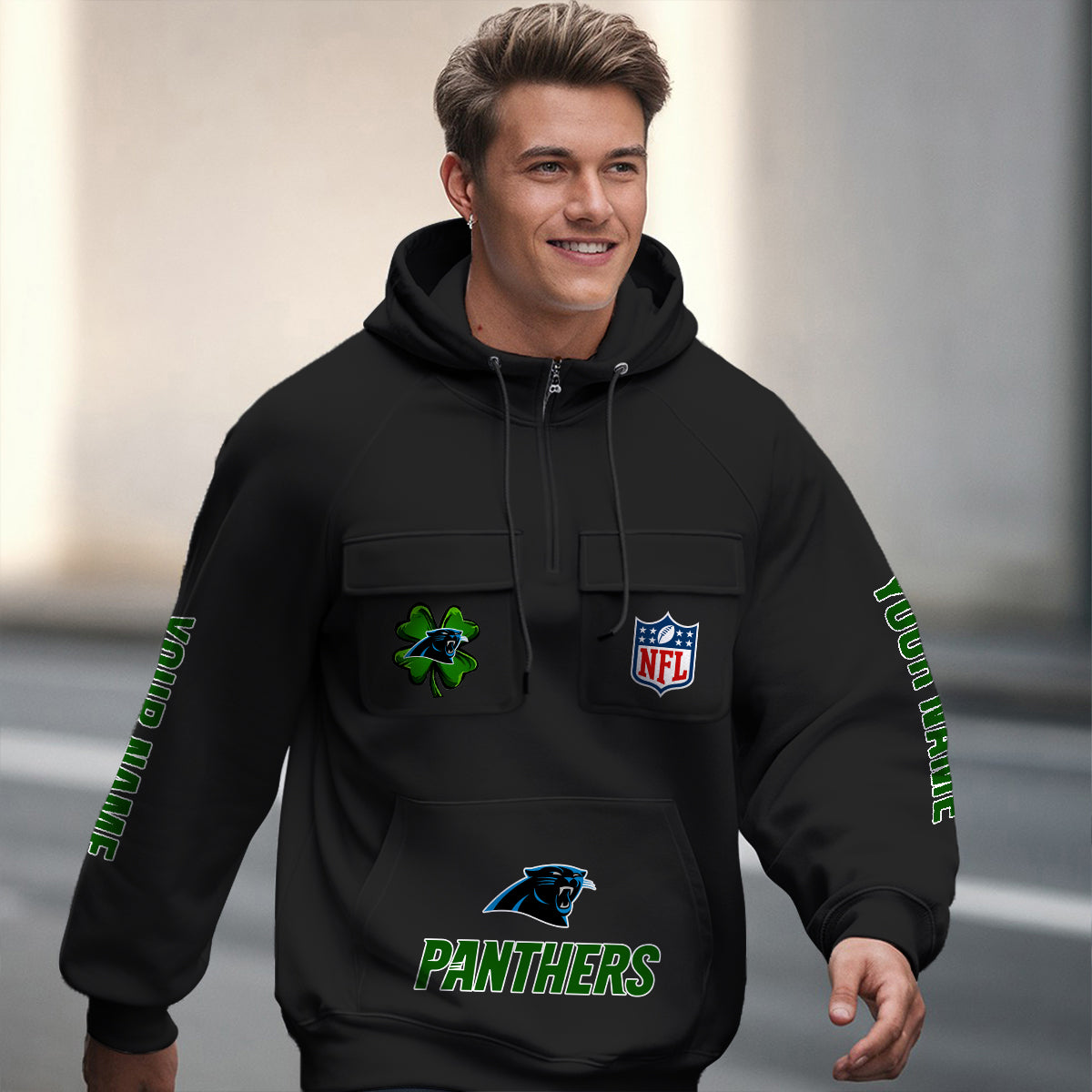 Carolina Panthers St Patrick’s Day Collection Multi-Pockets Zip Hoodie AZTNMZHD000099