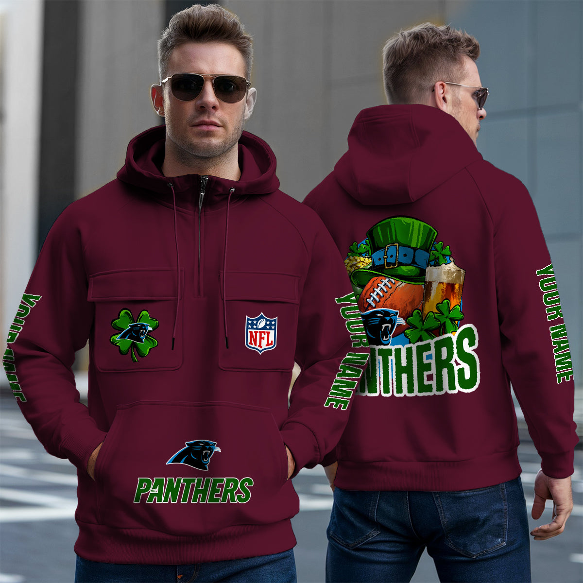 Carolina Panthers St Patrick’s Day Collection Multi-Pockets Zip Hoodie AZTNMZHD000099