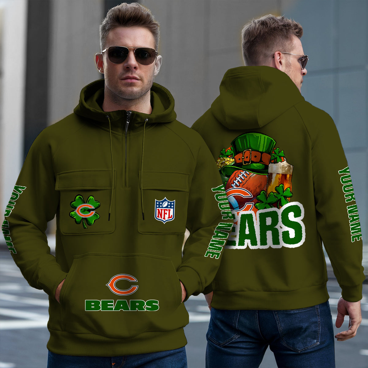 Chicago Bears St Patrick’s Day Collection Multi-Pockets Zip Hoodie AZTNMZHD000100