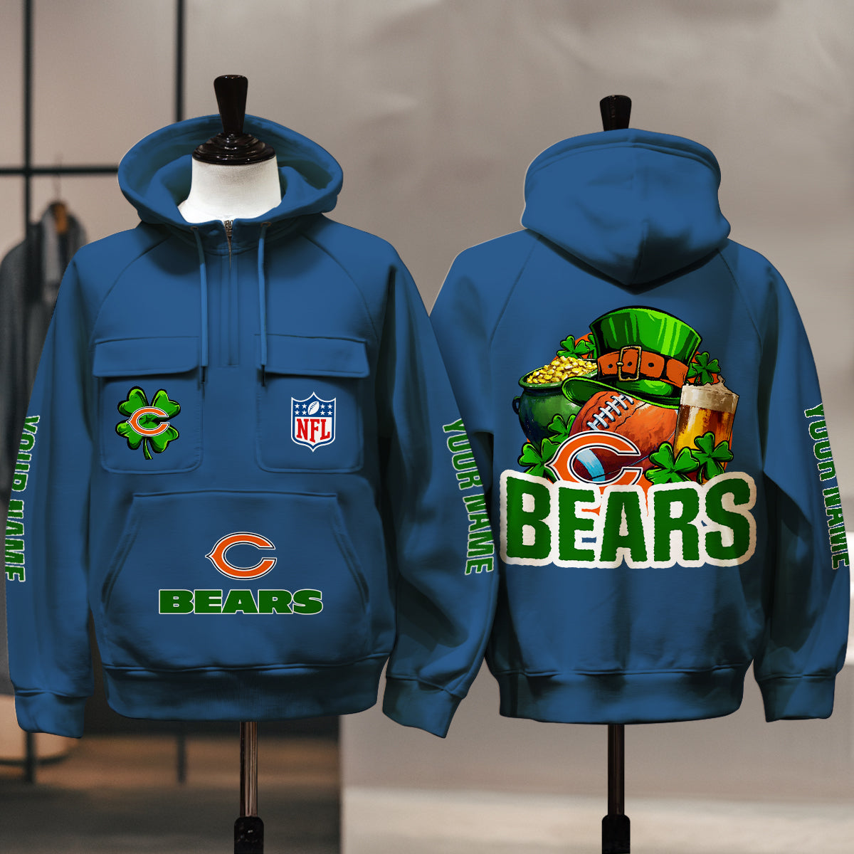 Chicago Bears St Patrick’s Day Collection Multi-Pockets Zip Hoodie AZTNMZHD000100