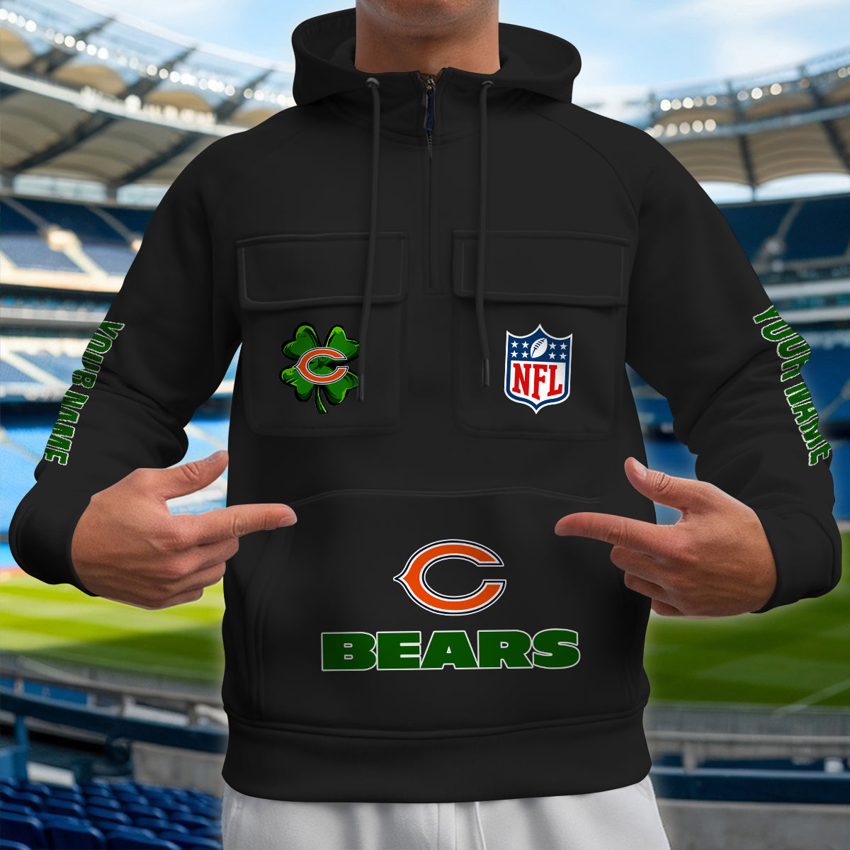 Chicago Bears St Patrick’s Day Collection Multi-Pockets Zip Hoodie AZTNMZHD000100