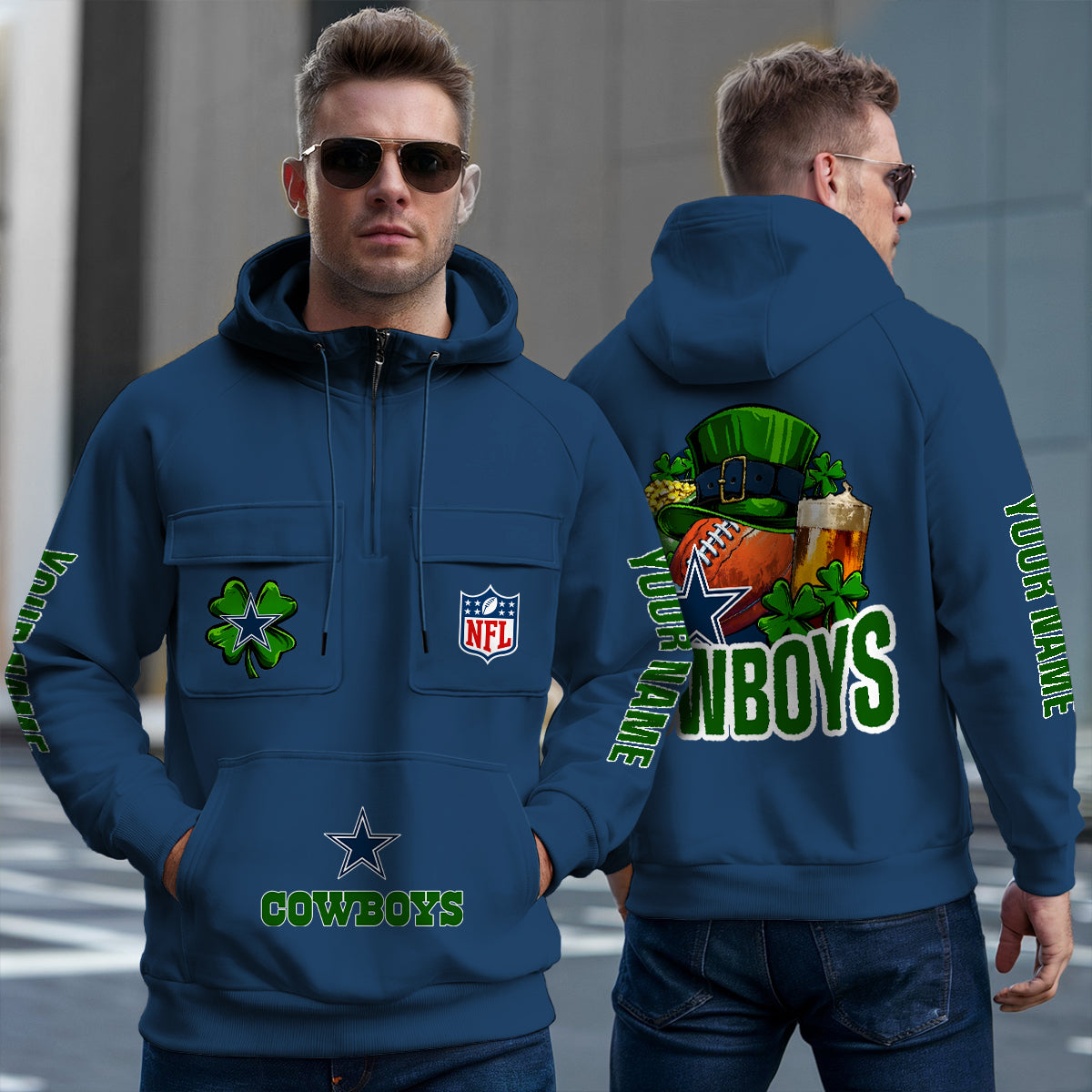 Dallas Cowboys St Patrick’s Day Collection Multi-Pockets Zip Hoodie AZTNMZHD000101