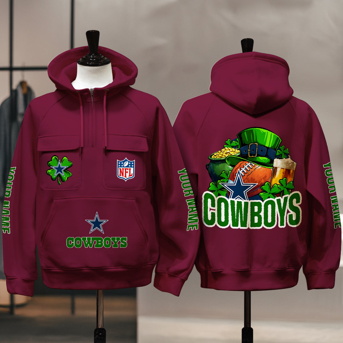 Dallas Cowboys St Patrick’s Day Collection Multi-Pockets Zip Hoodie AZTNMZHD000101
