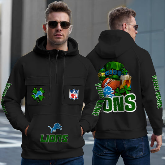 Detroit Lions St Patrick’s Day Collection Multi-Pockets Zip Hoodie AZTNMZHD000102