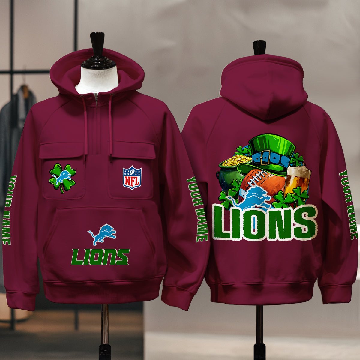 Detroit Lions St Patrick’s Day Collection Multi-Pockets Zip Hoodie AZTNMZHD000102