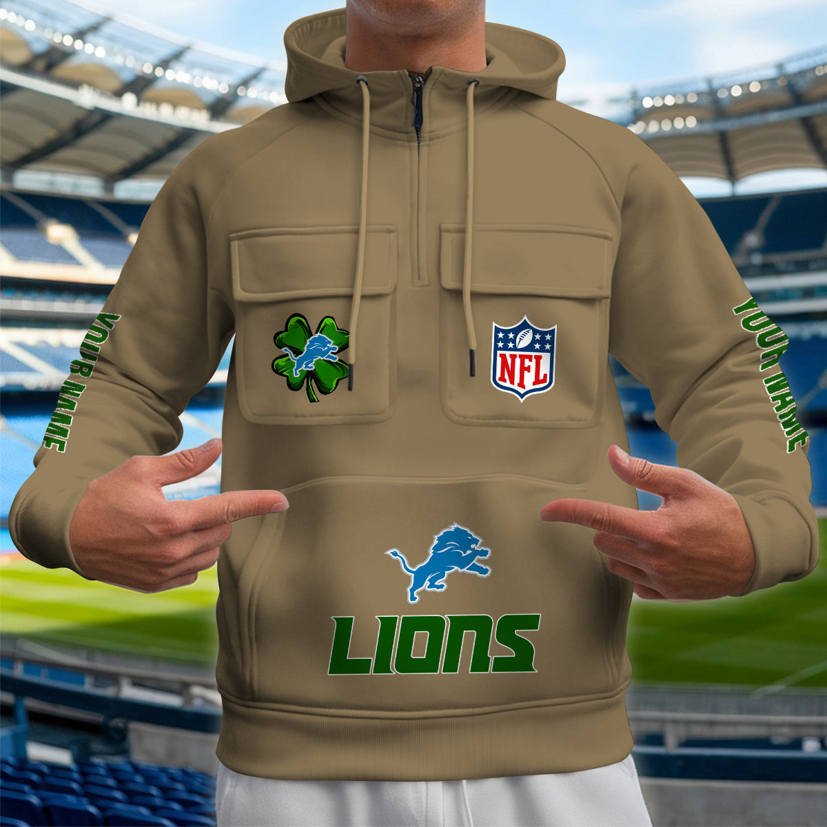 Detroit Lions St Patrick’s Day Collection Multi-Pockets Zip Hoodie AZTNMZHD000102