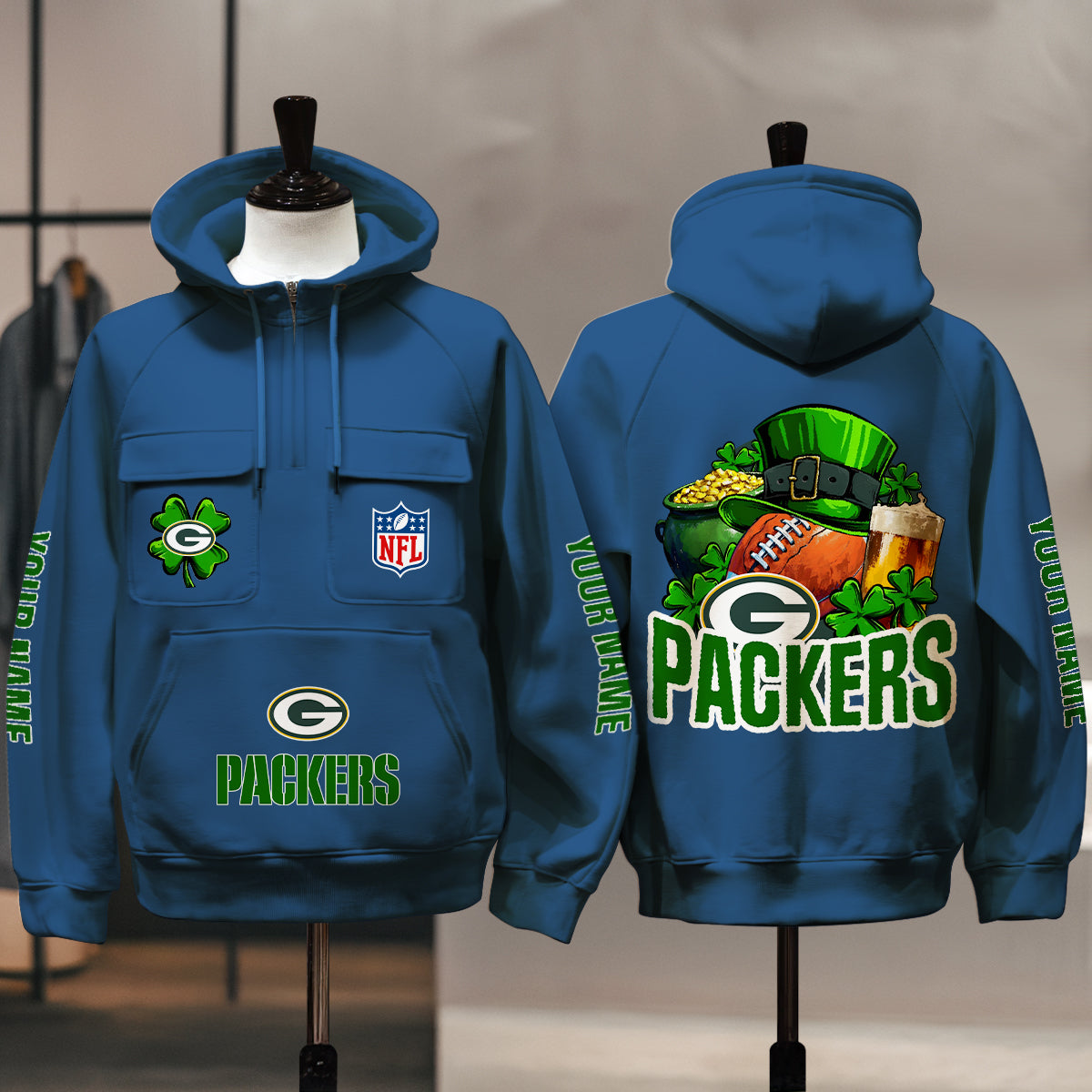 Green Bay Packers St Patrick’s Day Collection Multi-Pockets Zip Hoodie AZTNMZHD000103