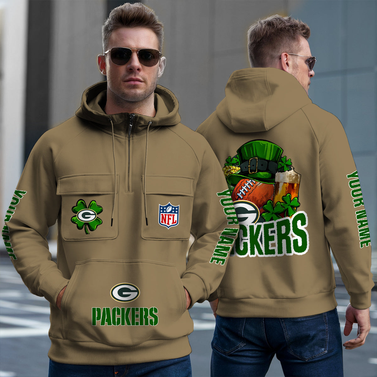 Green Bay Packers St Patrick’s Day Collection Multi-Pockets Zip Hoodie AZTNMZHD000103