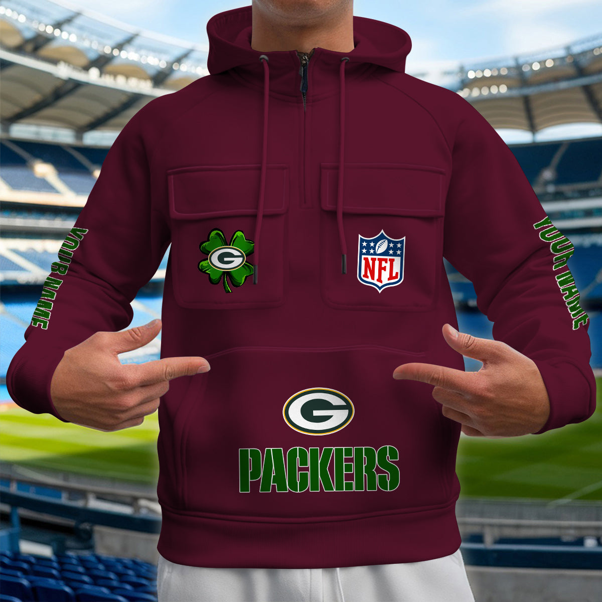 Green Bay Packers St Patrick’s Day Collection Multi-Pockets Zip Hoodie AZTNMZHD000103
