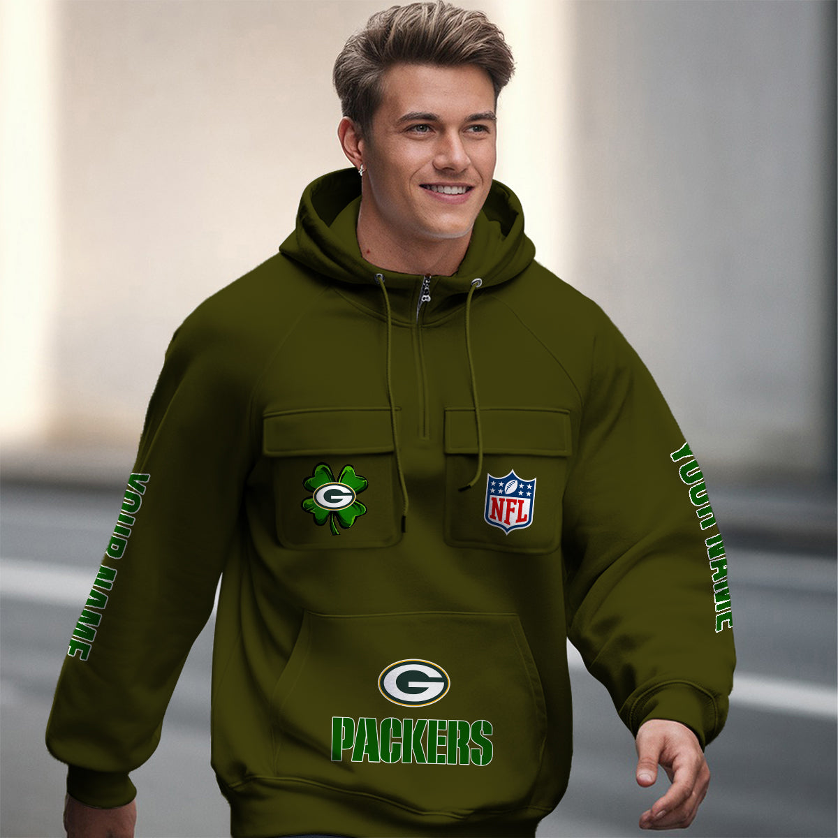 Green Bay Packers St Patrick’s Day Collection Multi-Pockets Zip Hoodie AZTNMZHD000103