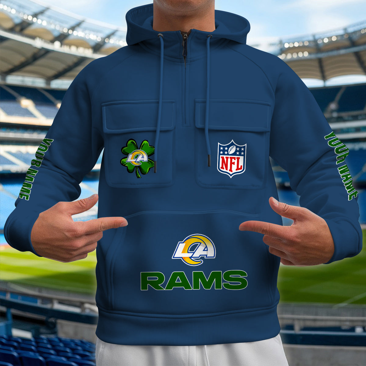 Los Angeles Rams St Patrick’s Day Collection Multi-Pockets Zip Hoodie AZTNMZHD000104