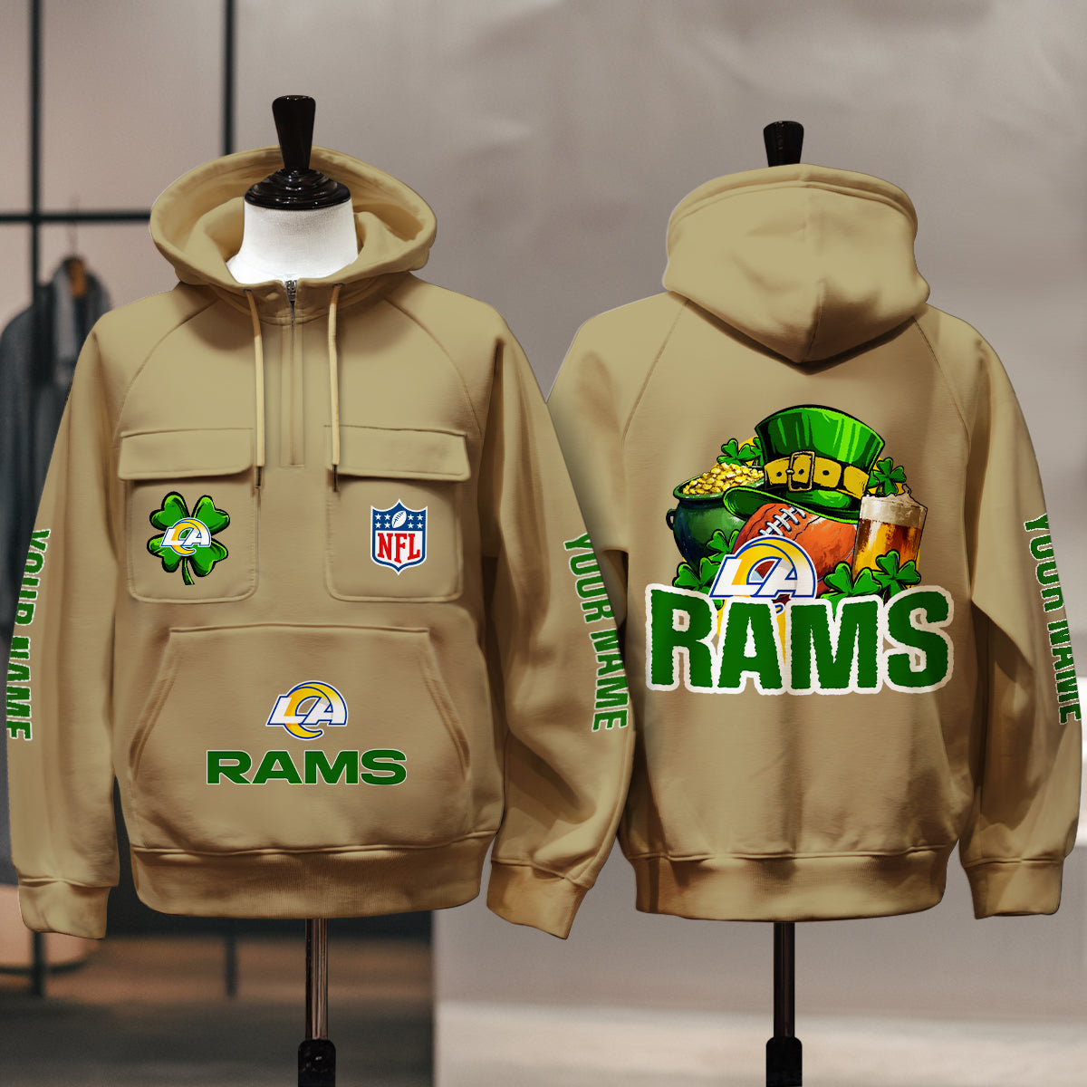 Los Angeles Rams St Patrick’s Day Collection Multi-Pockets Zip Hoodie AZTNMZHD000104