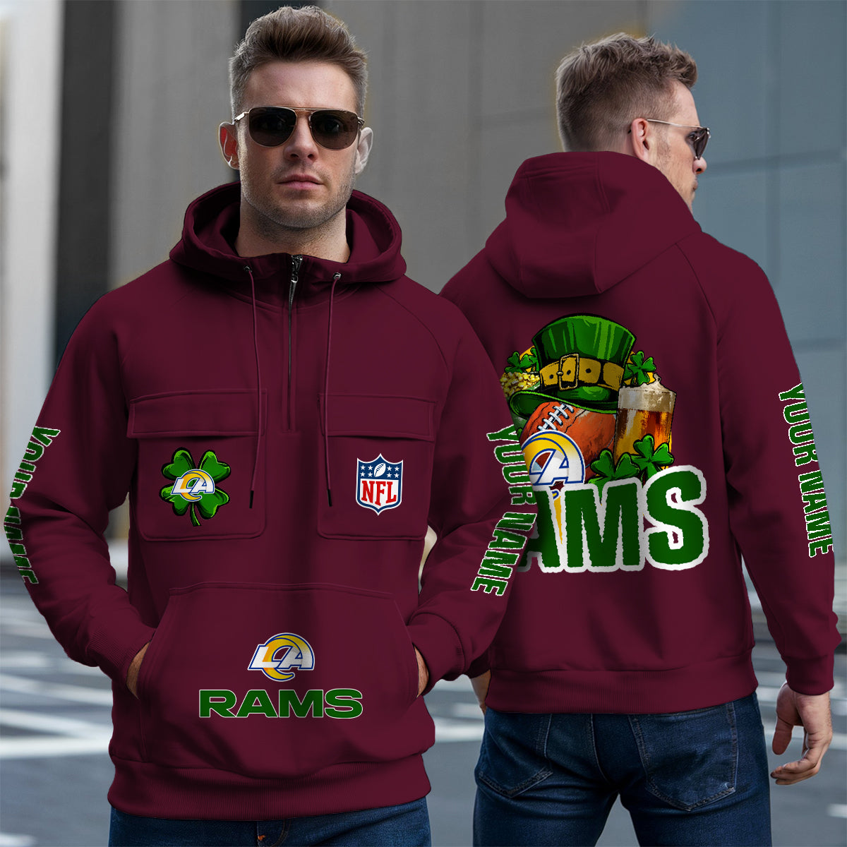 Los Angeles Rams St Patrick’s Day Collection Multi-Pockets Zip Hoodie AZTNMZHD000104