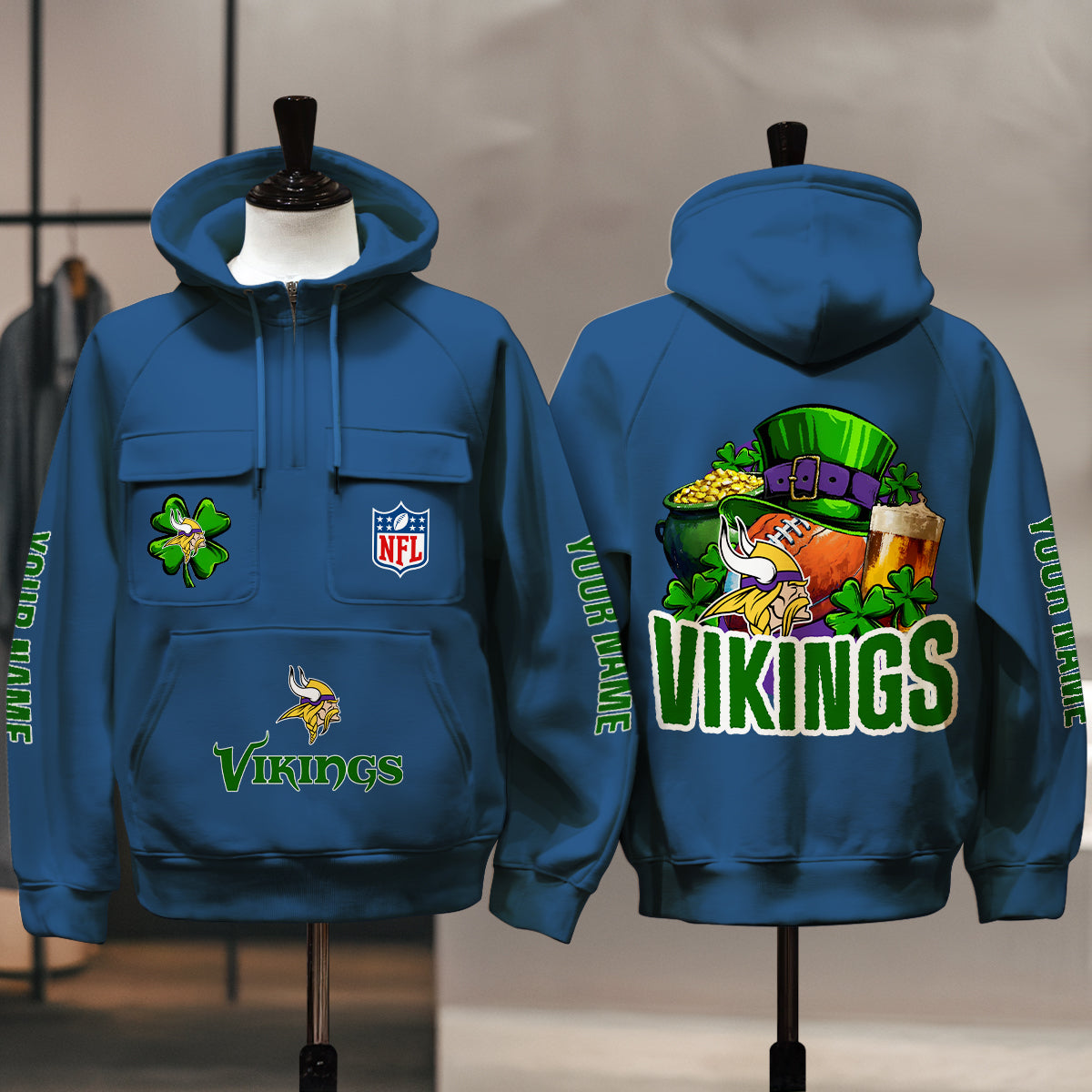 Minnesota Vikings St Patrick’s Day Collection Multi-Pockets Zip Hoodie AZTNMZHD000105
