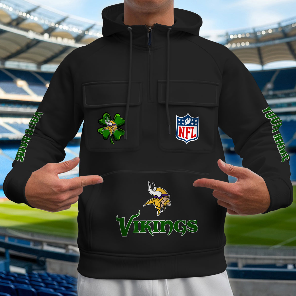 Minnesota Vikings St Patrick’s Day Collection Multi-Pockets Zip Hoodie AZTNMZHD000105
