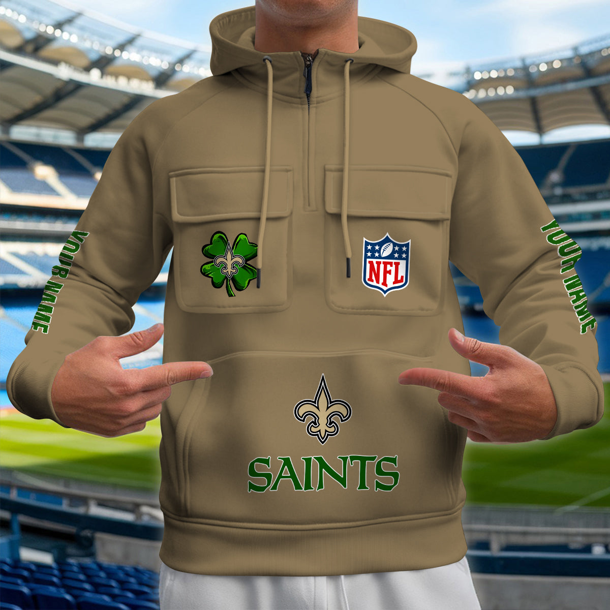 New Orleans Saints St Patrick’s Day Collection Multi-Pockets Zip Hoodie AZTNMZHD000106