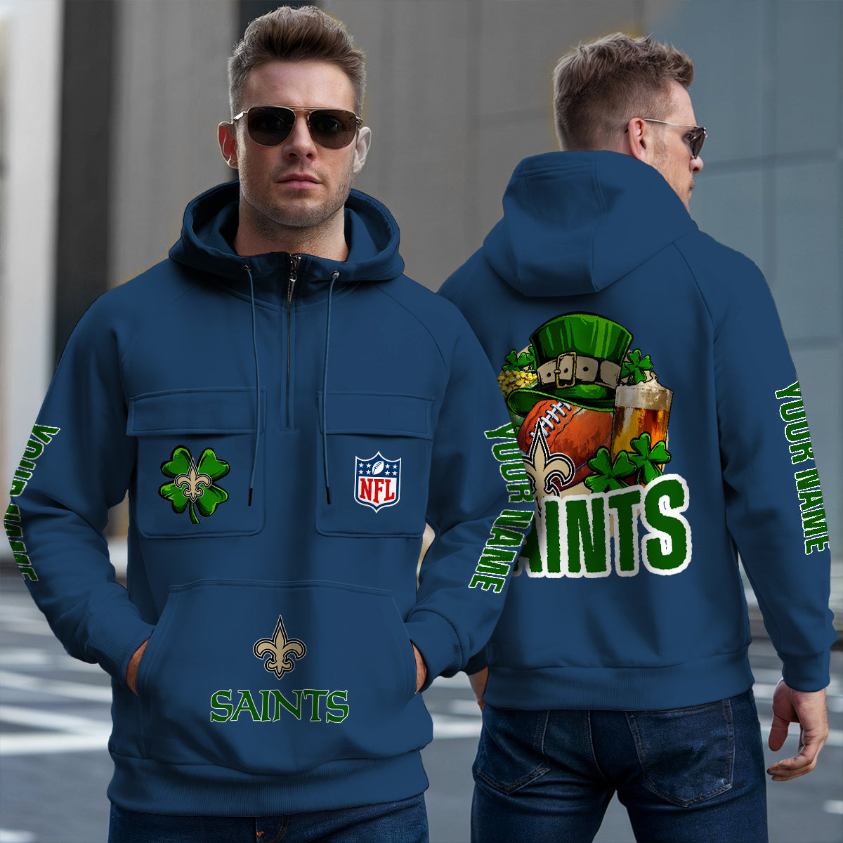 New Orleans Saints St Patrick’s Day Collection Multi-Pockets Zip Hoodie AZTNMZHD000106