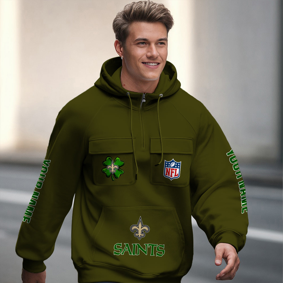 New Orleans Saints St Patrick’s Day Collection Multi-Pockets Zip Hoodie AZTNMZHD000106