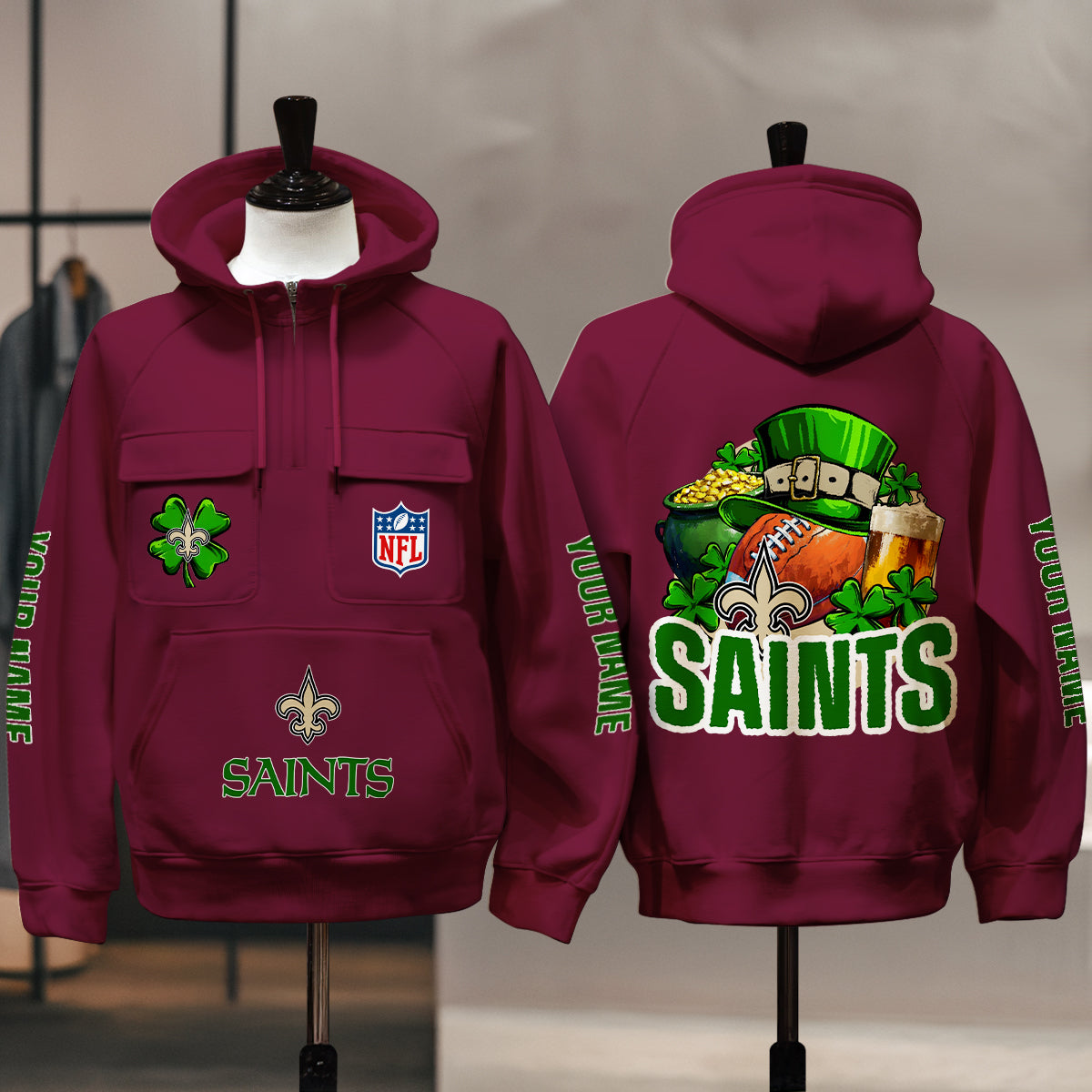 New Orleans Saints St Patrick’s Day Collection Multi-Pockets Zip Hoodie AZTNMZHD000106