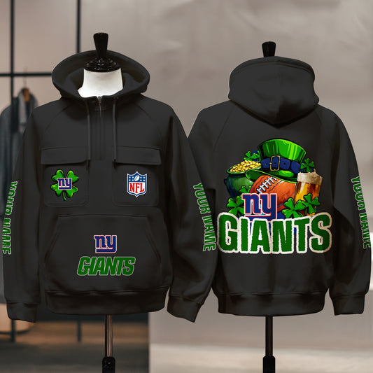 New York Giants St Patrick’s Day Collection Multi-Pockets Zip Hoodie AZTNMZHD000107