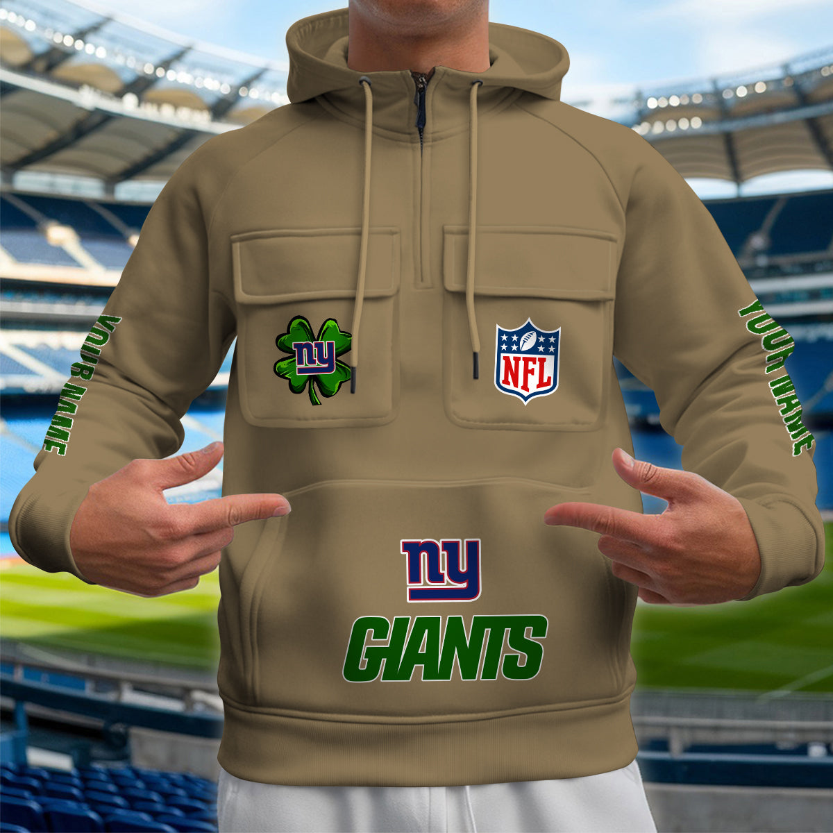 New York Giants St Patrick’s Day Collection Multi-Pockets Zip Hoodie AZTNMZHD000107