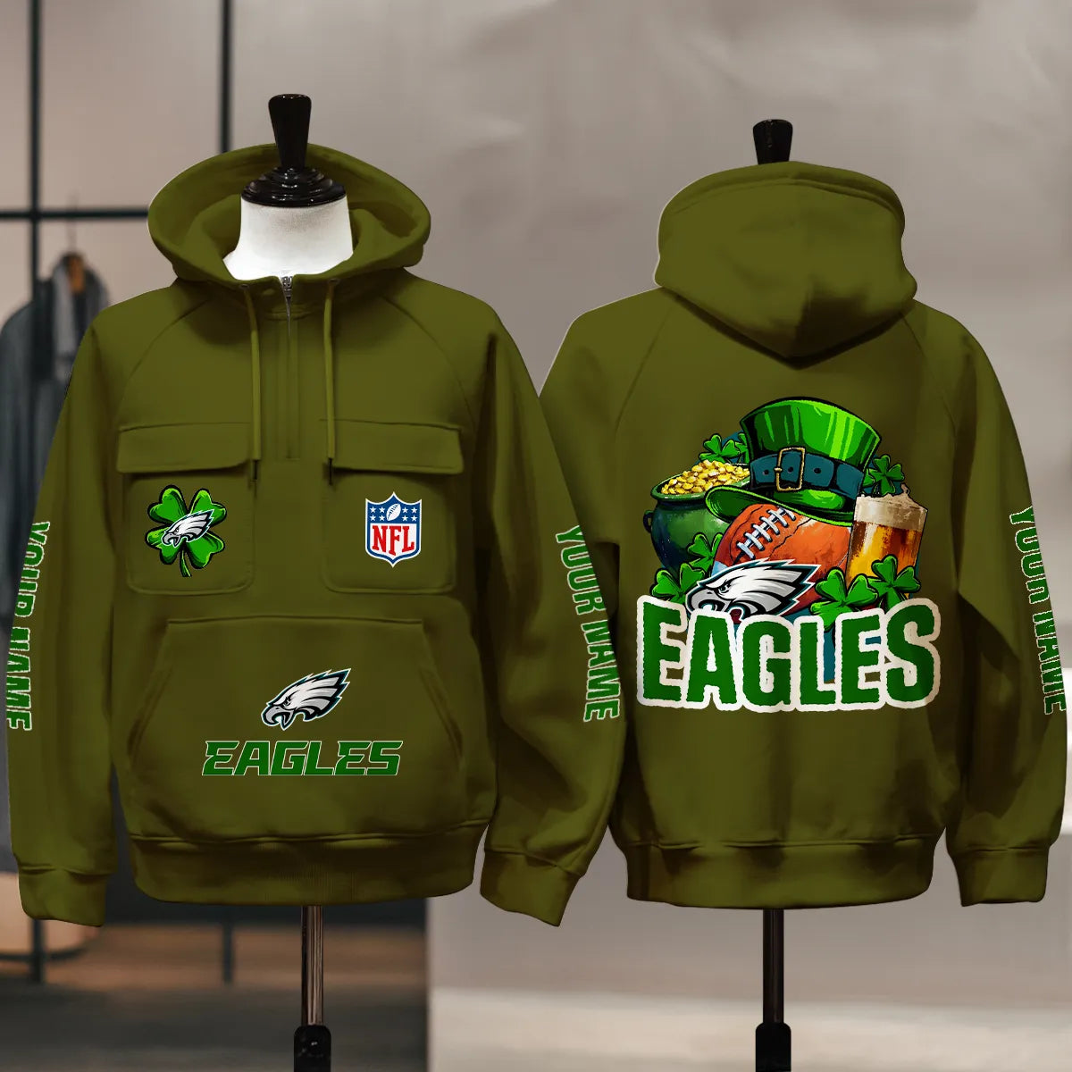 Philadelphia Eagles St Patrick’s Day Collection Multi-Pockets Zip Hoodie AZTNMZHD000108