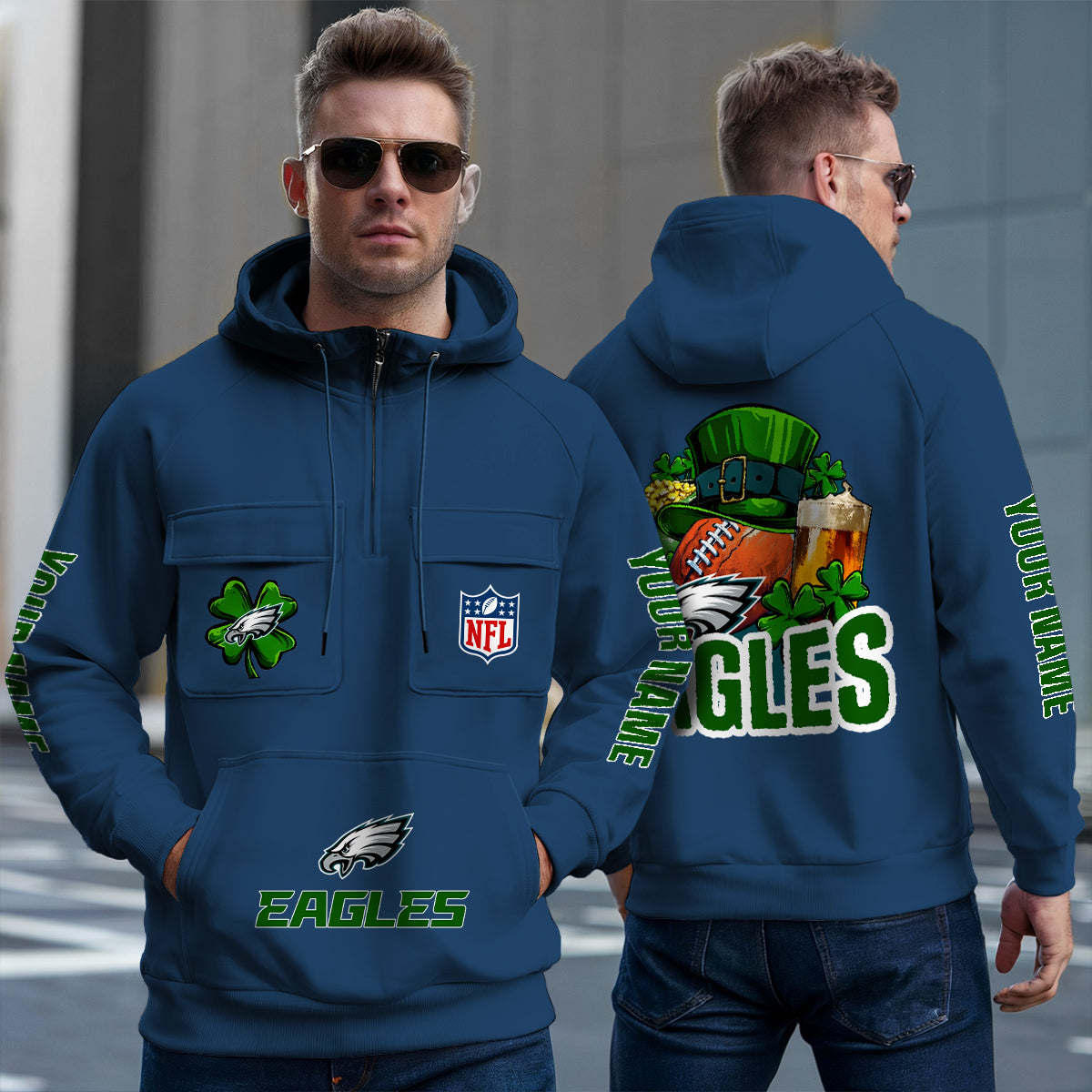 Philadelphia Eagles St Patrick’s Day Collection Multi-Pockets Zip Hoodie AZTNMZHD000108