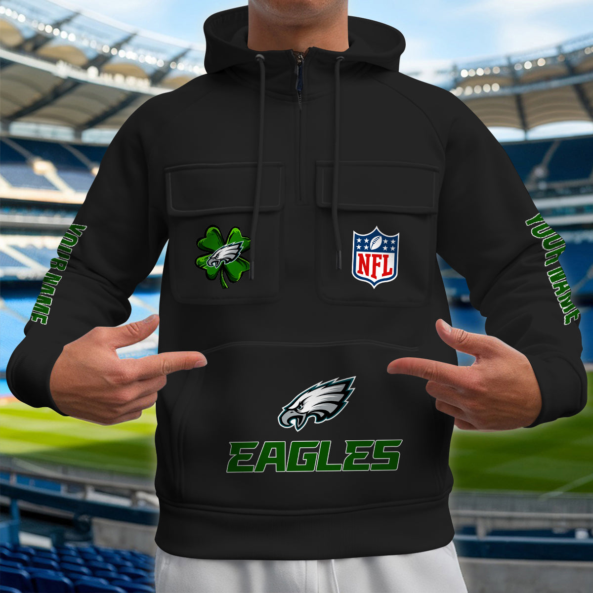 Philadelphia Eagles St Patrick’s Day Collection Multi-Pockets Zip Hoodie AZTNMZHD000108